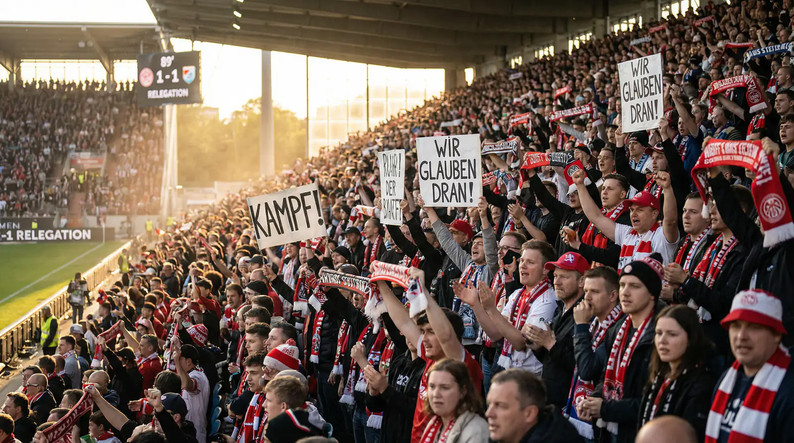 Fußballfans in einem vollen Bundesliga-Stadion am letzten Spieltag mit emotionaler Spannung