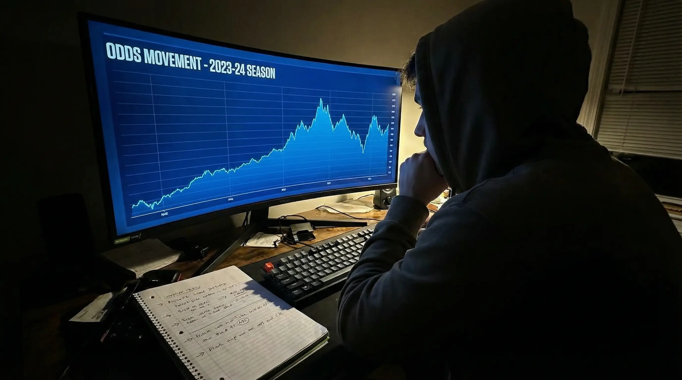 Person analysiert Sportwetten-Quotenverlauf auf einem Bildschirm im Laufe der Bundesliga-Saison