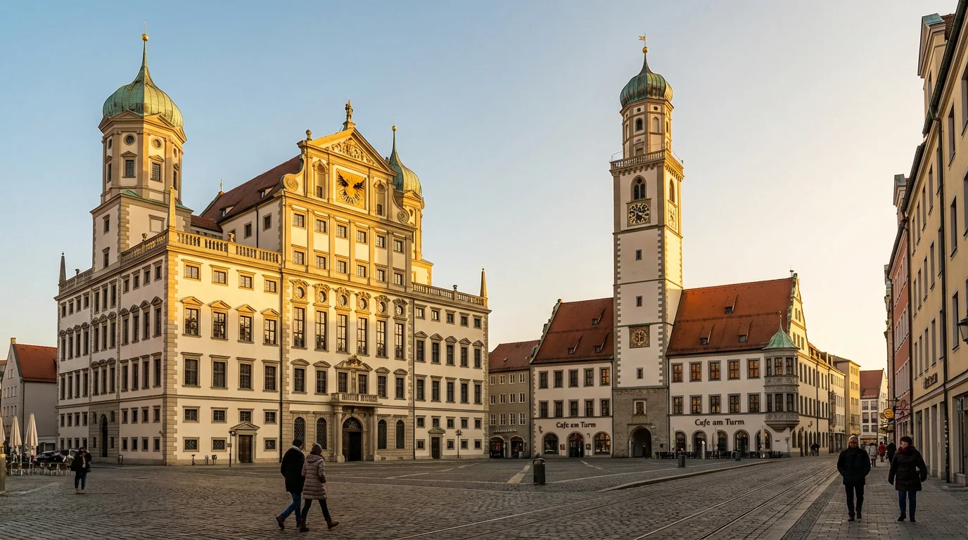 Augsburger Altstadt mit Rathaus bei Tageslicht als Symbol für den FC Augsburg in der Bundesliga