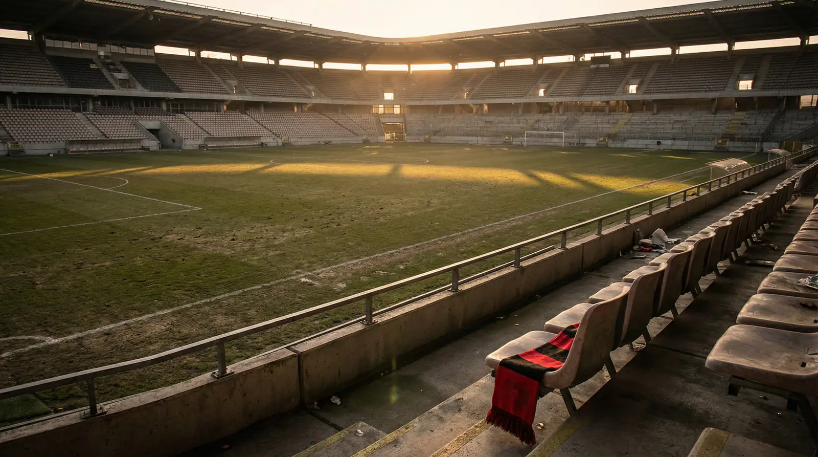 Leeres Fußballstadion der Bundesliga nach dem letzten Spieltag als Symbol für den Abstieg
