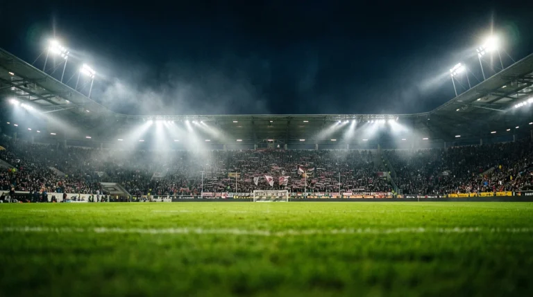 Bundesliga Abstiegskampf — Fußballstadion unter Flutlicht mit vollen Rängen am entscheidenden Spieltag