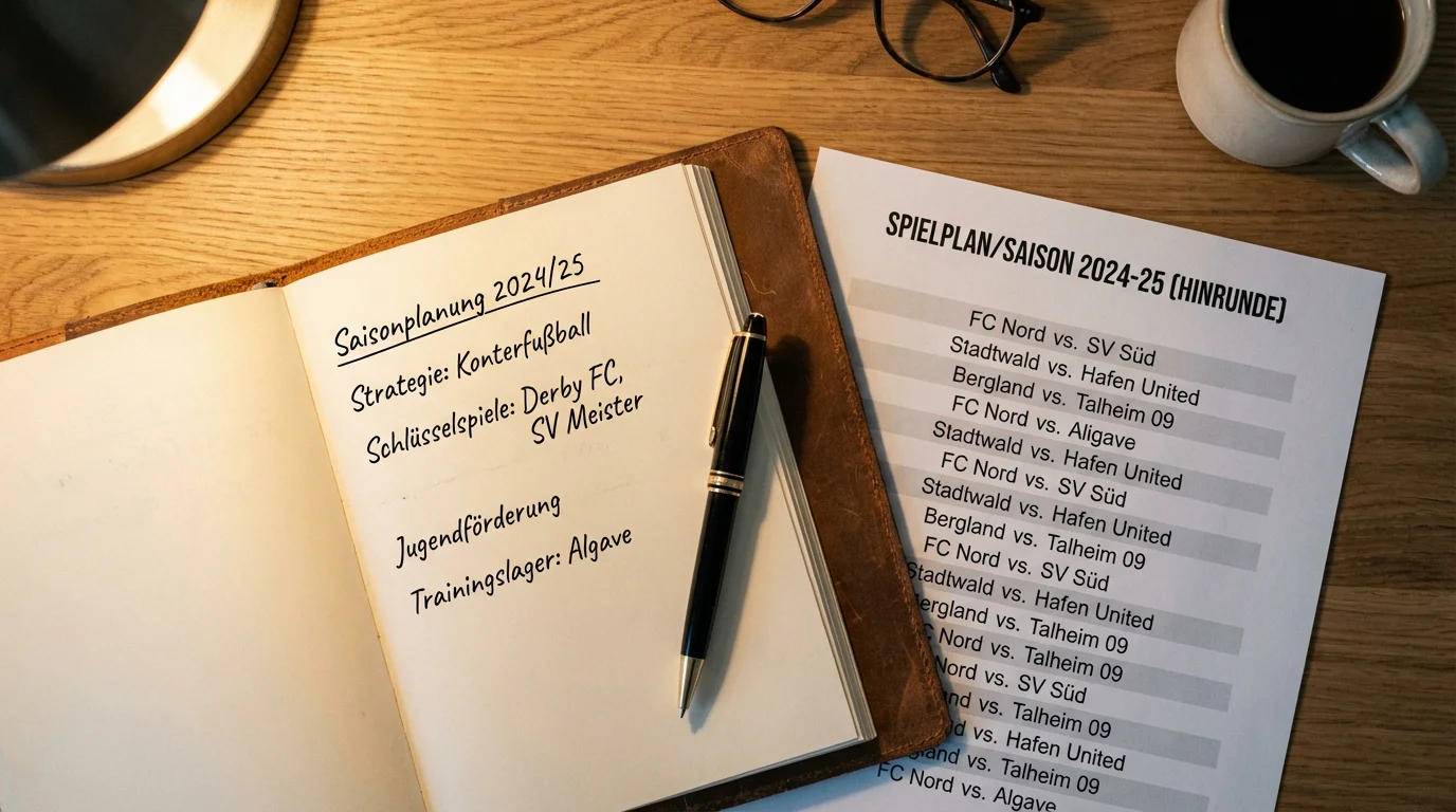 Notizbuch mit Saisonplanung und Stift auf einem Schreibtisch als Symbol für Bundesliga-Langzeitwetten