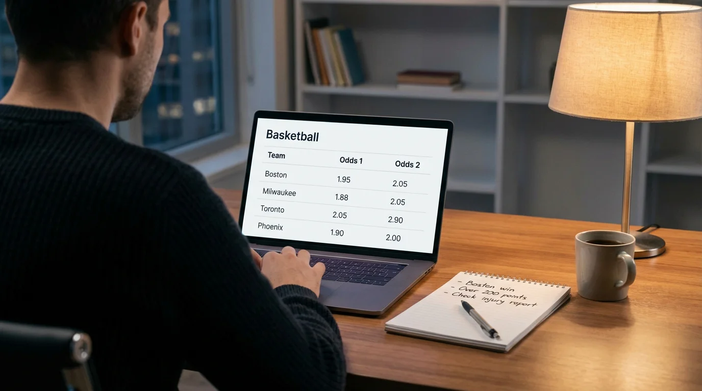 Bundesliga Wettquoten Vergleich — Person analysiert Abstiegsquoten verschiedener Anbieter am Laptop
