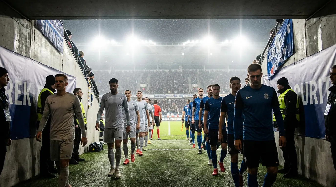 Zwei Fußballmannschaften betreten das Spielfeld für ein Relegationsspiel in der Bundesliga