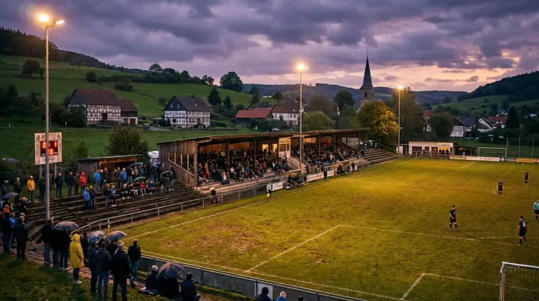 Kleines Fußballstadion in ländlicher Umgebung bei Flutlicht als Symbol für den 1. FC Heidenheim