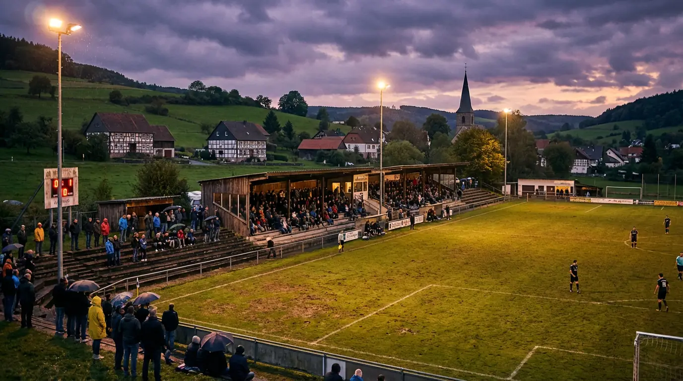 Kleines Fußballstadion in ländlicher Umgebung bei Flutlicht als Symbol für den 1. FC Heidenheim