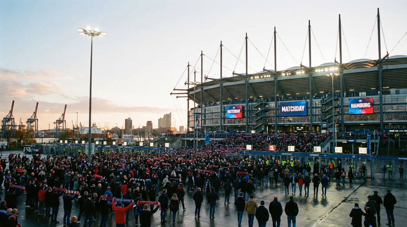 Hamburger Volksparkstadion bei Flutlicht als Symbol für die HSV-Rückkehr in die Bundesliga