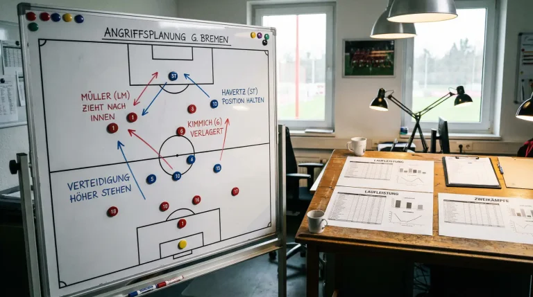 Taktiktafel mit Fußball-Aufstellung und Spielerdaten als Symbol für Kaderanalyse bei Abstiegswetten