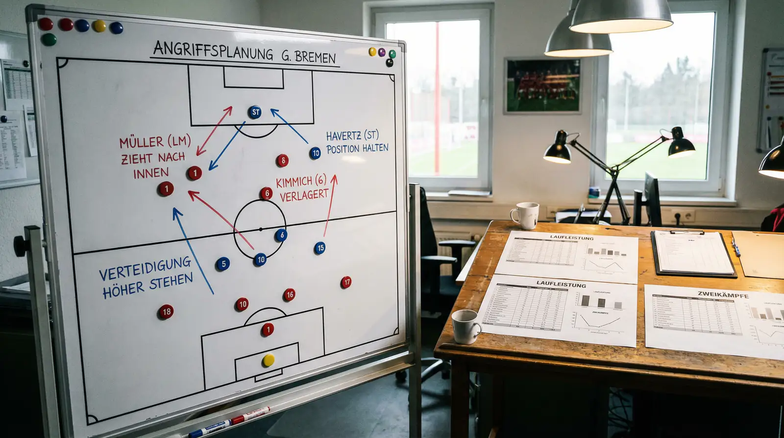 Taktiktafel mit Fußball-Aufstellung und Spielerdaten als Symbol für Kaderanalyse bei Abstiegswetten
