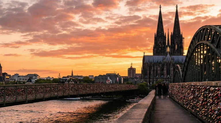 Kölner Dom und Rheinpanorama bei Sonnenuntergang als Symbol für den 1. FC Köln in der Bundesliga