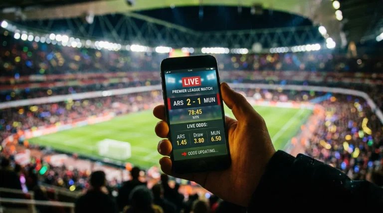 Smartphone mit Live-Sportwetten-App während eines Bundesliga-Abstiegskampf-Spiels im Stadion