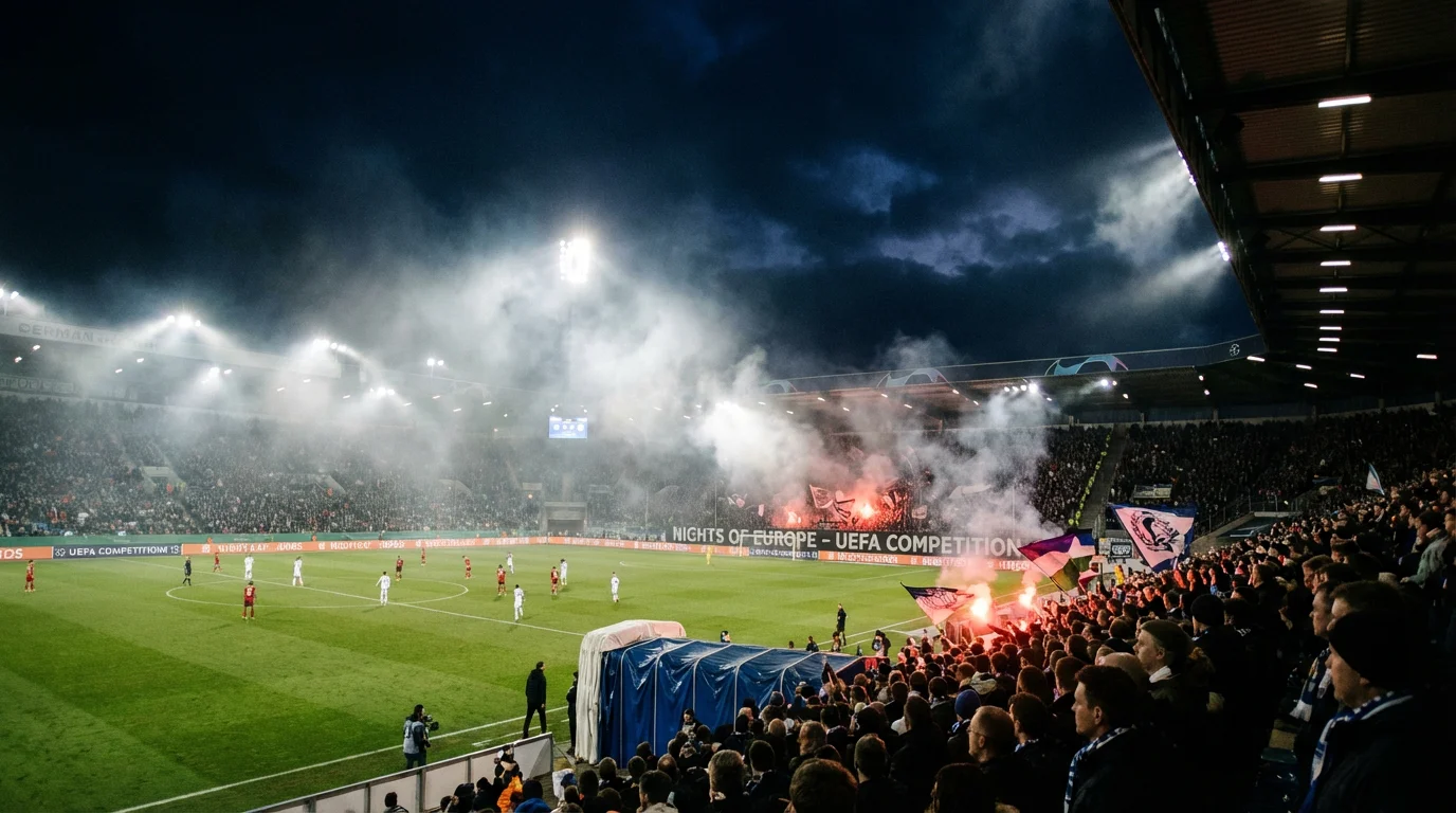 Mainzer Fußballstadion bei europäischer Nacht mit Flutlicht als Symbol für die Conference-League-Doppelbelastung