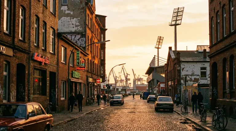 Blick auf das Hamburger Hafenviertel St. Pauli mit Fußballstadion im Hintergrund bei Abendlicht