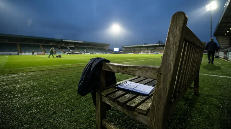 Leere Trainerbank an der Seitenlinie eines Bundesliga-Spielfeldes als Symbol für Trainerwechsel im Abstiegskampf