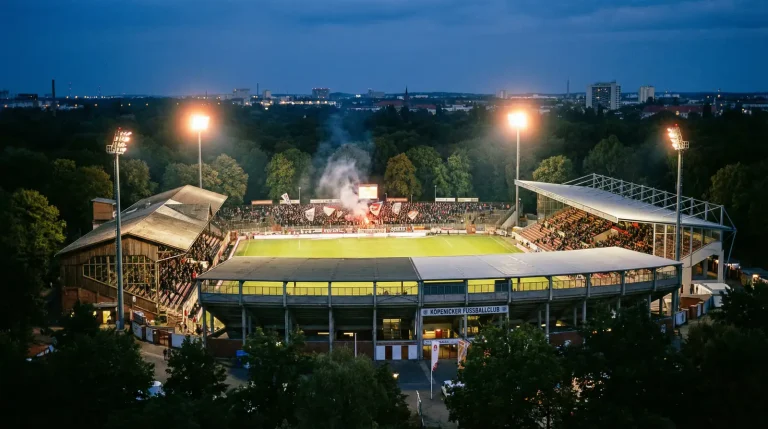 Stadion An der Alten Försterei in Berlin-Köpenick bei Abenddämmerung als Symbol für Union Berlin