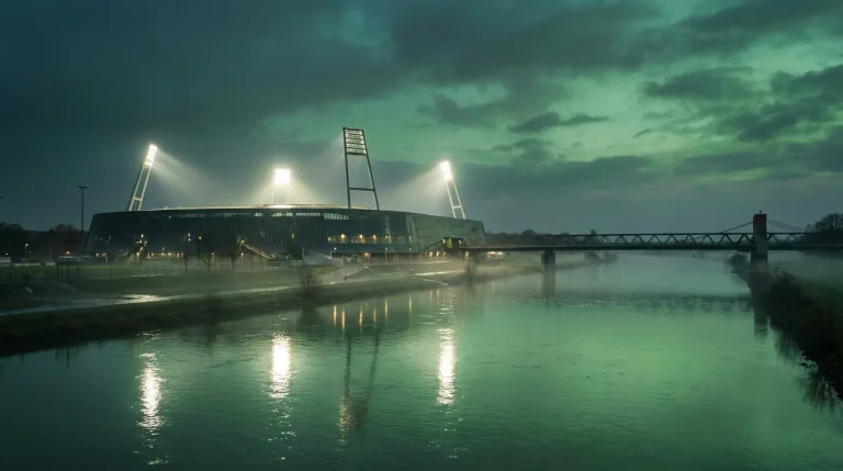 Weserstadion in Bremen bei Flutlicht mit Blick auf die Weser als Symbol für Werder Bremen