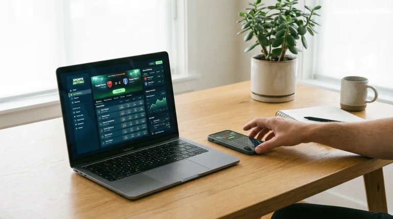 Laptop und Smartphone auf einem Schreibtisch mit geöffneten Sportwetten-Seiten zum Vergleich